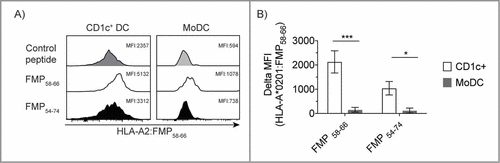 Figure 1. Cross-Presentation of Long FMP Peptide by CD1c+ mDC and Mo-DC. Fresh, highly purified CD1c+ mDC and Mo-DC generated by 6 days in GM-CSF and IL-4 were pulsed with control (WT1126–134), short (FMP58–66) or long (FMP54–74) peptides in equimolar amounts for 16 hrs. The presence of HLA-A2:FMP58–66 peptide complexes was detected by flow cytometry using a HLA-A2:FMP58–66-specific antibody. (A) A representative experiment is shown. B) Presentation FMP58–66 or FMP54–74 as HLA-A2:FMP58–66 peptide complexes were calculated as a delta MFI of HLA-A2:FMP58–66 FITC from control peptide (WT1126–134) pulsed cells. CD1c+mDC n = 5; Mo-DC n = 5; Two-way ANOVA, Fishers LSD test. # p < 0.05, ###p < 0.0001.