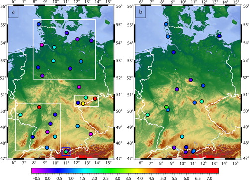 Fig. 6 Locations of occurrences of extreme gusts (maximum ΔX n ) for all directions for (a) measurements and (b) estimations from wind speeds. The white boxes mark the three main aggregations of extreme events shown in Fig. 5c. The blue box indicates the position of the two Foehn gusts.