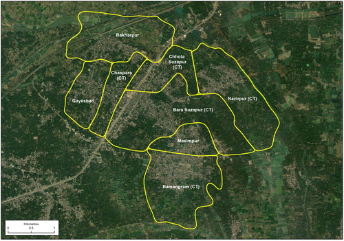 Figure 3. Map of reconnaissance field site Sujapur. Yellow lines indicate administrative boundaries, built environment is displayed in greyish hue, and National Highway 12 zigzags through the area. Source: Copernicus Open Access Hub (n.d.); Indian census, 2011.