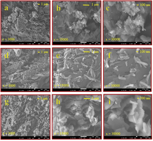 Figure 6. SEM images for PA1 (a-c), PA2 and e-f PA3 (g-i) at magnification x = 3000, 15000 & 30000 for each sample.