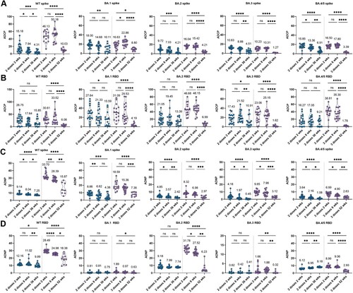 Figure 3. Longitudinal SARS-CoV-2 specific Fc mediated phagocytic responses induced by 2-dose and 3-dose of CoronaVac. The ADCP (A, B) and ADNP (C, D) specific to Spike protein and RBD protein of WT strain, as well as five circulating Omicron variants, including BA.1, BA.2, BA.3, BA.4 and BA.5, were analyzed at six time points, including at week 2 post the second dose (2 dose 2 wks), at week 8 post the second dose (2 dose 8 wks), at week 36 post the second dose (2 dose 36 wks), at week 2 post the third dose (3 dose 2 wks), at week 8 post the third dose (3 dose 8 wks) and at week 52 post the third dose (3 dose 52 wks). Statistics were calculated using Kruskal-Wallis test with correction by controlling the false discovery rate between time points. * indicates p < 0.05, ** indicates p < 0.01, *** indicates p < 0.001, **** indicates p < 0.0001. ns indicates no significant difference.