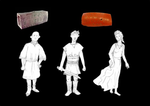 Figure 5. Primus, Lucius and Verecunda (Art by Giacomo Savani). Box flue with inscription PRIMUS FECIT X Primus made 10 (tiles). The Lucius and Verecunda ‘love token’; a sherd of pottery with the inscription VERECUNDA LUDIA LUCIUS GLADIATOR; ‘Verecunda the actress’ and ‘Lucius the gladiator’. The hole suggests it may have been worn as a love token (University of Leicester Archaeological Services).