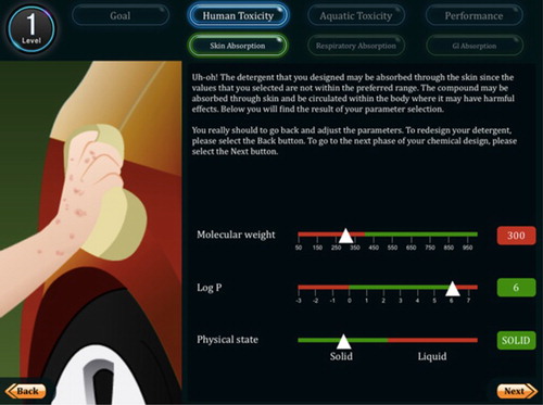 Figure 3. Game screenshot: An example of real-time feedback that allows the player to redesign the product.
