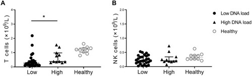 Figure 3 Lymphocytes reconstitution according to CMV DNA load in CR patients. (A) Absolute number of T cells; (B) Absolute number of NK cells; Notes: All of the statistical graphs show median±interquartile range. *P ≦ 0.05.