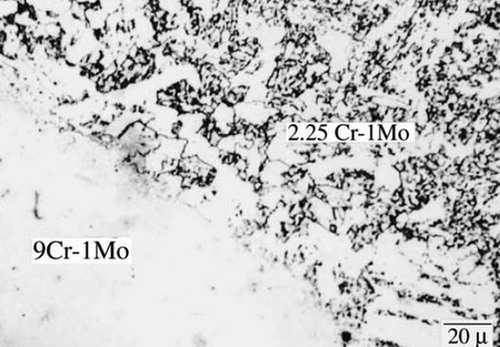 Figure 15. Light optical microscopy image of the fusion line in a DMW between a 2.25Cr–1Mo base material and a 9Cr–1Mo filler metal and in the as-welded condition [Citation56].