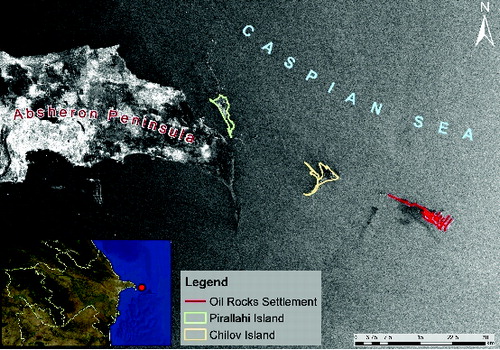 Figure 1. Map of the Oil Rocks Settlement, Pirallahi and Chilov Islands.