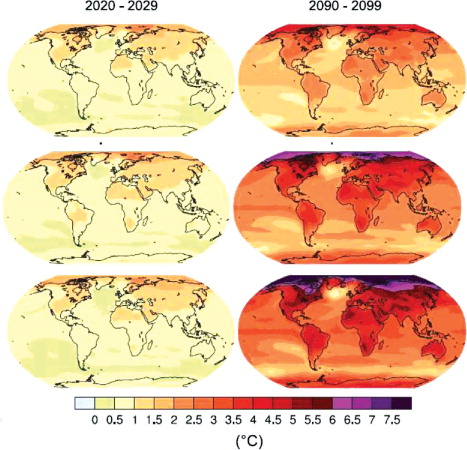 Fig. 1 Current and projected temperature changes globally (Citation11). The top maps show the estimated climate change for a 2°C global average change; the middle figure for a 3°C change and the bottom figure for a 4°C change. The new unpublished maps for RCP8.5 are very similar to the bottom maps. Baseline=1961–1990.