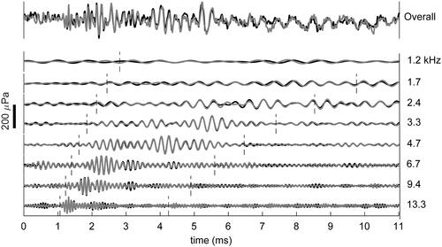 Figure 1. Example of TEOAEs measured in one ear using the double-evoked paradigm, evoked using a high-pass filtered click stimulus with a stimulus level of 75 dB peSPL. Each trace shows two replicates (one black, one grey) overlaid. The top trace shows the overall signal. The lower eight traces show the output from the ½-octave filter banks, with the centre frequency shown at the right end of each trace. The time-window over which the TEOAE is analysed is shown by vertical dashed lines. A scale bar is shown on the left-hand side as a thick black line.