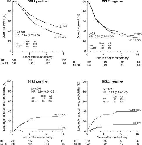 Figure 2.  Kaplan-Meier probability plots of overall survival and loco-regional recurrence in high-risk breast cancer patients as a function of randomization to postmastectomy radiotherapy within the subgroups of BCL2 positive and BCL2 negative patients.