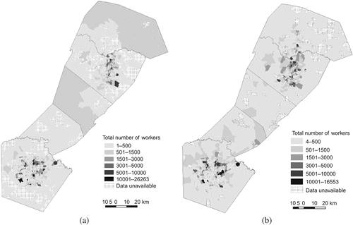 Figure 5. Distributions of workers based on workplace locations: (a) 1990; (b) 2000.