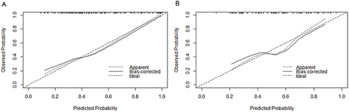 Figure 2 The calibration curve compared predicted and observed probability of microvascular invasion in the (A) training cohort and (B) validation cohort.