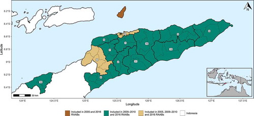 Figure 2. Spatial coverage of the three Timor-Leste rapid assessments of avoidable blindness (RAABs) identified, which were conducted in 2005, 2009–2010 and 2016. The black square shows the capital, Dili. District numbering: 1 = Aileu; 2 = Ainaro; 3 = Baucau; 4 = Bobonaro; 5 = Covalima; 6 = Dili; 7 = Ermera; 8 = Lautém; 9 = Liquiça; 10 = Manatuto; 11 = Manufahi; 12 = Oecussi; 13 = Viqueque.