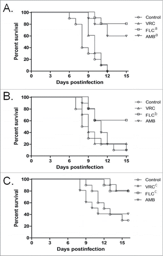 Figure 7. Effects of antifungal treatments on cumulative mortality of mice infected with T. asahii 07 3 × 107 CFU/ml (A), T. asteroides 01 6 × 107 CFU/ml (B) or T. inkin 3 × 107 CFU/ml (C). AMB, amphotericin B deoxycholate at 1.5 mg/kg/day. FLC, fluconazole at 80 mg/kg/day. VRC, voriconazole at 60 mg/kg/day. a, P < 0.05 vs. control. The mean survival time was estimated by the Kaplan-Meier method and compared among groups using the log-rank test (a, P < 0.05, compared to the control and VRC;b, P < 0.05, compared to the control and VRC;c, P < 0.05, compared to the control and AMB).