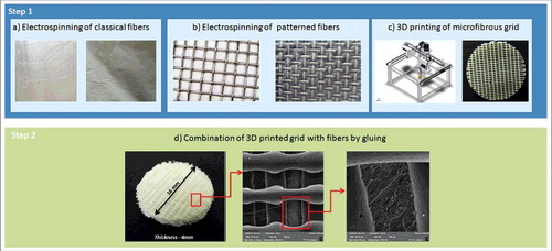 Figure 1. Scheme of the composite 3D printed grid/electrospun nanofiber scaffold formation. The process is a two-step method. The first step involves producing the classical electrospun fibers using a non-patterned collector (a), structured nanofibers using patterned collector (b) and 3D printing of microfibrous grid (c). The second step involves combining the electrospun fibers with the 3D printed microfibrous grid using glue (d).