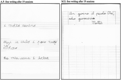 Figure 3. Example of free writing performed by AP and MS after 19 sessions.