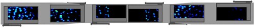 Figure 4. Illustration of the base of the Sensor Sleeper with overlayed example results for the six pressure sensors for traffic in the through route. The sensor positions correspond to Figure 2 with sensors fb1−fb6 counted from right to left. The brighter the colour the higher the contact pressure (black = zero pressure).