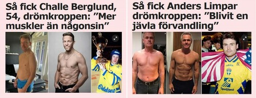 Figure 1. Former footballer Anders Limpar and ice-hockey player Challe Berglund demonstrating their “super bodies” in the tabloid press after going through the 16WoH program.