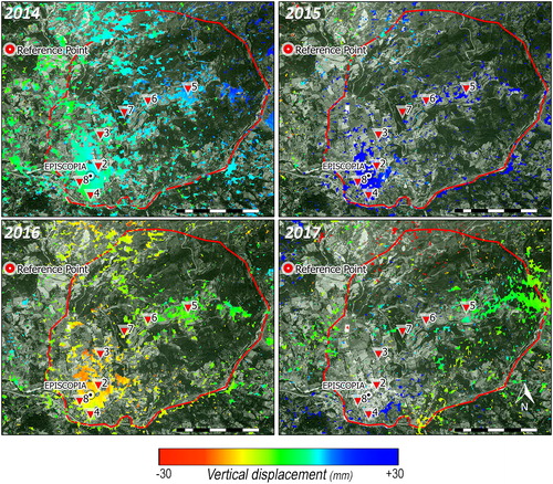 Figure 8. Ground surface displacement map from 2014 to 2017 years of observation. Red line shows the boundary of the study area, whereas red point (on the left of each map) indicate the ground CP related to a stable area. Source: Image from Google Earth