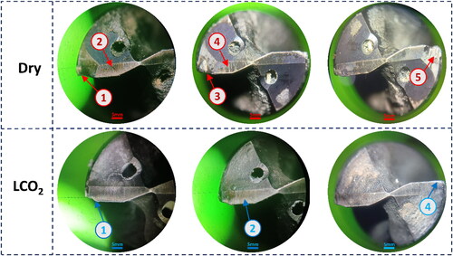 Figure 9. Flank wear images of drill bits for the dry and cryogenic environments, where (1) corner wear, (2) chemical reactivity due to Ti6Al4V on the tool, (3) BUE on the corner, (4) abrasion, and (5) catastrophic failure.