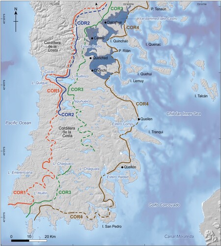 Figure 9. Extent of the Golfo Corcovado ice lobe inferred from our geomorphic map. Solid lines represent ice-front position reflected by the geomorphic record. Dashed lines represent inferred ice-front positions due to the fragmentary nature of the geomorphic record. Semitransparent dark blue polygon indicates the inferred extent of the proglacial Lake Castro and black dashed arrow the potential drainage path during its early stages.