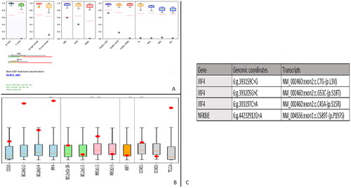 Figure 3. A: Gene expression profiling classifying our case as an activated B-cell diffuse LBCL (ABC DLBCL), with a few genetic markers shared by Germinal Center DLBCL. Green dot: B cell proliferation, Orange dot: high grade B cell proliferation, grey dot: DLBCL ABC profile. B: Gene expression profiling showing strong expression of CD10 and BCL6 coupled with very high expression of IRF4, confirming the diagnosis of IRF4-rearranged LBCL. Red dot: GEP of our lymphoma, boxplot: normal expression from 25th to 75th percentile. C: Mutational profile results.