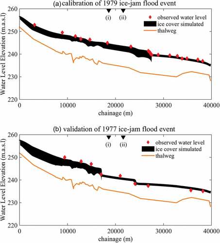 Figure 7. Longitudinal profiles of simulated and observed water levels along the Athabasca River from Mountain Rapids to near Shipyard Lake: (a) calibration of 1979 ice-jam flood event and (b) validation of 1977 ice-jam flood event. At the figures’ top, indicated locations are: (i) Clearwater river confluence and (ii) WSC station, Athabasca River below McMurray.