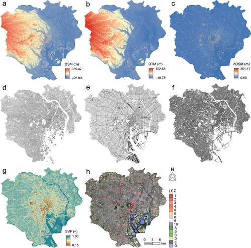 Figure 111. (a) Digital surface model (DSM), (b) digital terrain model (DTM), and (c) normalized digital surface model (nDSM) (0.5-m pixel spacing) derived from airborne LiDAR data; (d) building footprint polygons; (e) road polygons; (f) road centerlines; (g) the sky view factor (SVF) (2-m pixel spacing) computed from the DSM; (h) Sentinel-2 MSI bottom-of-atmosphere (BOA) reflectance (R/G/B = bands 4/3/2, 10-m spatial resolution) and LCZ reference samples.