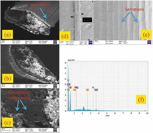 Figure 8. (a-e) FESEM images of TDFs showing different surface morphologies (f) EDX analysis of TDF.