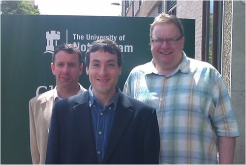 Figure 2 Nick in the Nottingham sunshine, with long-standing collaborators Mike George (right) and Magnus Hanson-Heine (centre). Photograph courtesy of Mike George.