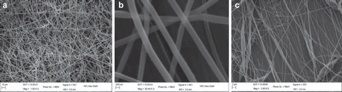 Figure 1. Scanning electron microscopic images of the nanofibers using polymer concentrations of: (a) 13% w/v; (b) 10 %w/v; (c) 8 % w/v.