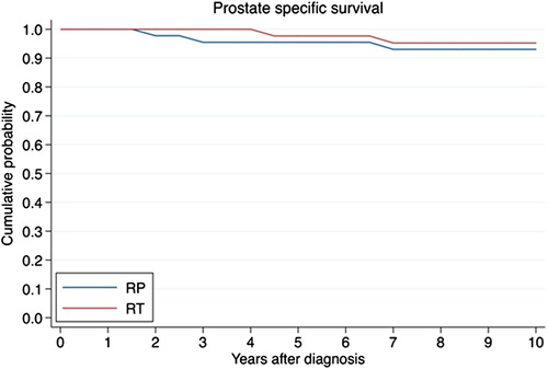 Figure 1. Cumulative probability of prostate-specific survival in RP, radical prostatectomy group compared to RT, radiotherapy group.