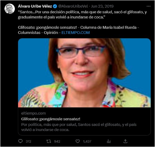 Figure 6. Former President Uribe Vélez shares Rueda’s opinion pieces (“Due to a political decision, more than a health one, [Santos] removed glyphosate, and gradually the country was flooded with coca again”).