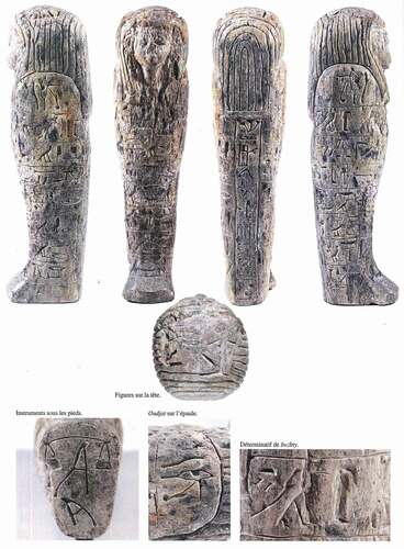 Figure 5. Serpentinite shabti T8Cc79 from Sai (Minault-Gout and Thill Citation2012: plate 92, courtesy of A. Minault-Gout and F. Thill). Various additional decorative elements were carved on ‘unusual’ places (head, shoulders and feet) probably to make an earlier imported model fit later local expectations. Evidence for the local adaptation and (re)creation of decorative patterns also comes from Tombos (Smith and Buzon Citation2017, 624).