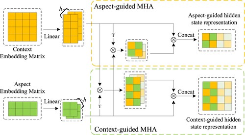 Figure 3. Interactive attention mechanism. Linear, T, and Concat denote linear projection, transpose operation, and concatenate operation.