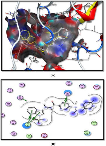 Figure 9. Binding interactions of the most active compound 5b inside hBuChE active site, (A) 3D image, 5b is described as white colour line and ligand as yellow colour line, (B) 2D image.
