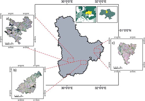 Figure 1. Study areas: (a) Bila Tserkva, (b) Mironivka (c) Yahotyn districts.