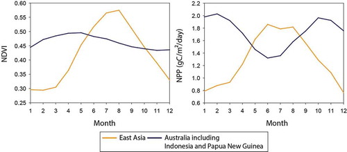 Figure 7. Monthly NDVI and NPP averaged during 2006–2011 provided by NASA Earth Observation (NEO) over two regions (i.e., East Asia and Australia including Indonesia and Papua New Guinea). For full color versions of the figures in this paper, please see the online version.