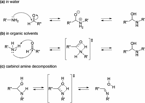 Figure 8. Reaction mechanism for formation of an imine from a carbonyl compound and an amine.[Citation82]