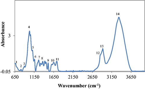 Figure 1 FT-IR spectrum of industrial spruce pellet showing absorption bands that qualitatively identifies primary functional groups.