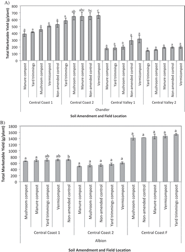 Figure 7. Total marketable yield at four locations for ‘Chandler’ (A) and three locations for ‘Albion’ (B). Vertical bars represent the standard error of the mean. Means followed by the same letter are not significantly different based on Tukey HSD post-hoc analysis at P ≤ 0.05.