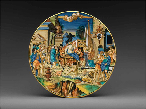Figure 1. Francesco Xanto Avelli, tin-glazed earthenware dish with The Woman of Sestos and the Eagle and arms of the Pucci family, Urbino, 1532, 4.8 x 40.6 cm, Metropolitan Museum of Art, New York