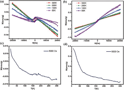 Figure 4. Magnetic evidence for pristine bulk MoS2 and exfoliated edges-rich structural MoS2. Magnetization (M) vs. applied field (H) data taken at different temperatures with field parallel for (a) pure bulk MoS2 and (b) layered MoS2 basal planes. (c) Magnetic susceptibility of pristine MoS2. (d) Magnetic susceptibility of exfoliated MoS2 nanosheets.