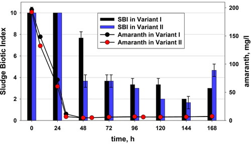 Figure 3. Sludge biotic index (SBI) in the two variants of the experiments: Variant I (without P. aureofaciens AP-9) and Variant II (with P. aureofaciens AP-9) [Citation37].