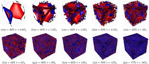 Figure 1. Graphical illustration of the emulsification process via large-scale stirring and slow injection of the dispersed phase. Snapshots of the interface (red/blue side corresponding to the continuous/dispersed phase) during stirring at various instants of time (given in units of the large-scale characteristic time TL=L/Vrms, where Vrms is computed once the injection process is terminated, i.e. at the maximum volume fraction; see also Figure 3 and caption therein). Both time and the volume fraction of the dispersed phase ϕ grow from (a)–(j). Panel (a): the slightly deformed initially flat interface is still clearly visible, no droplets have formed yet. Panels (b)–(d): the process of fragmentation of the initial interface, leading to the production of a large number of small droplets, can be appreciated (see e.g. panel (d)). Panels (e)–(j): ϕ further increases, droplets become smaller and the system becomes more and more densely packed. The simulation parameters are reported in Table 1 (run C). (a) ϕ=30% t=0.6TL (b) ϕ=31% t=1.2TL (c) ϕ=32% t=1.8TL (d) ϕ=33% t=2.4TL (e) ϕ=35% t=3TL (f) ϕ=42% t=6TL (g) ϕ=50% t=9TL (h) ϕ=60% t=12TL (i) ϕ=70% t=15TL (j) ϕ=77% t=18TL.