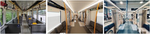 Figure 2. Current (left, CC BY-SA 2.0 Glenn Scott); 3D visualisation of new Metro trains (centre, ©Stadler); and Physical Mock-Up (right, CC BY Authors).