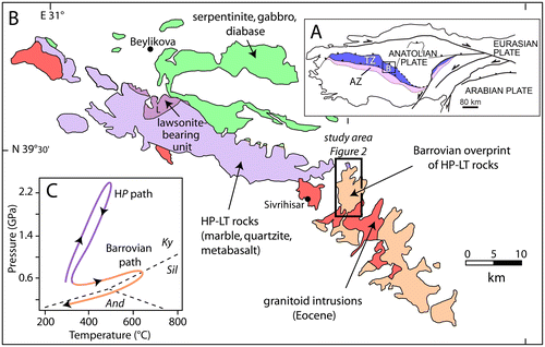 Figure 1. (A) Location of the Tavşanlı Zone (TZ), the Afyon Zone (AF) and Sivrihisar (S) Massif in Turkey. (B) Simplified map of the Sivrihisar Massif showing the high-pressure (HP) domain to the northwest and at the northern tip of the southern submassif, and the Barrovian domain (+ granites) comprising most of the southern submassif. (C) P–T summary figure after Whitney et al. (Citation2011).