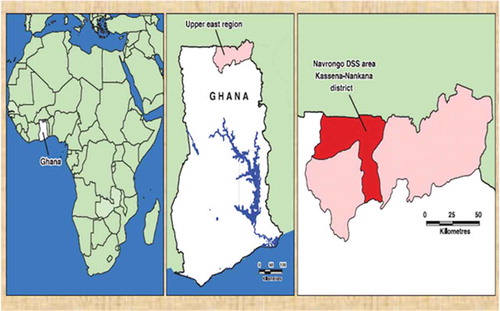 Figure 1. Maps showing Ghana in Africa, Kassena Nankana district in the upper east region and the Navrongo HDSS coverage area.