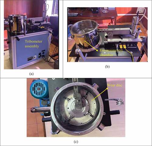 Figure 9. TR 20 series neo pin-on-disc tribometer showing (a) Assembly (b) Environmental chamber (c) Wear disc.