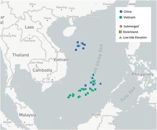 Figure 3. Island features of the South China Sea between China and Vietnam. Source: Asia Maritime Transparency Initiative (AMTI, Citation2023b).