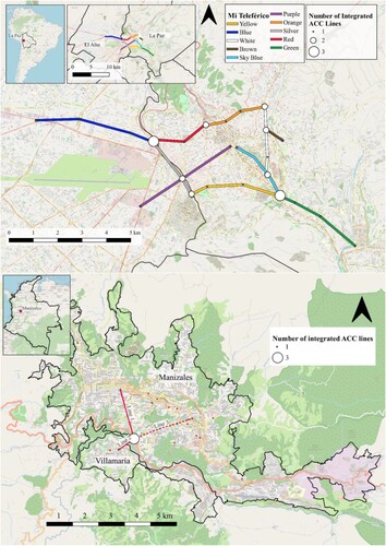 Figure 5. La Paz (above) and Manizales (below) aerial cable-car system. Own elaboration with open data gathered from La Paz’s and Manizales’ government's websites and Openstreetmaps.